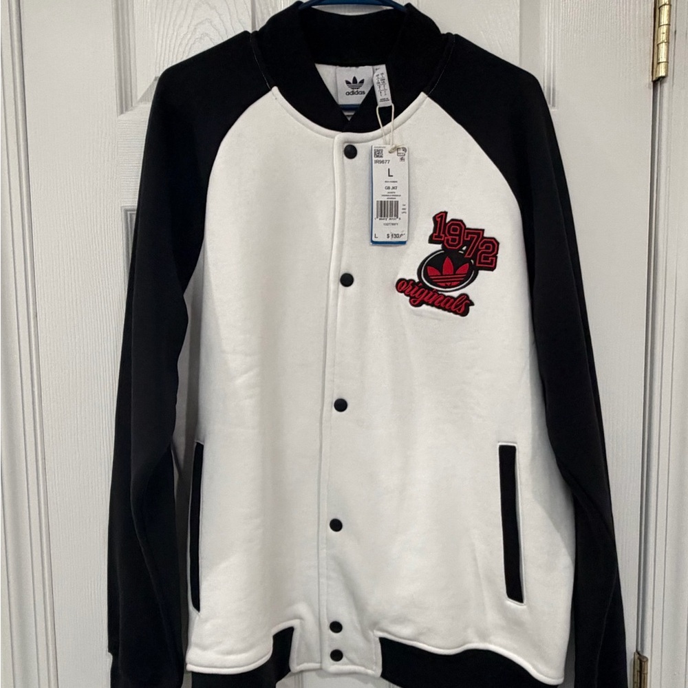 adidas Black and White Varsity-Style Snap Jacket